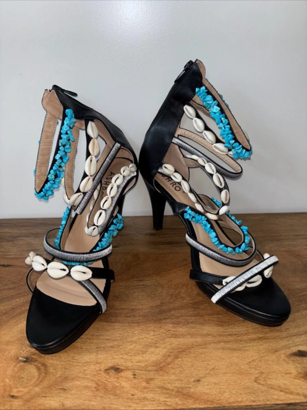 Ashro gauva chic Black Heeled Sandals with Turquoise Bead & Shell Accents 12M